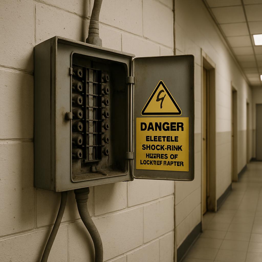 A warning sign on an electrical box with a yellow panel and black text, indicating danger of electrostatic discharge.
