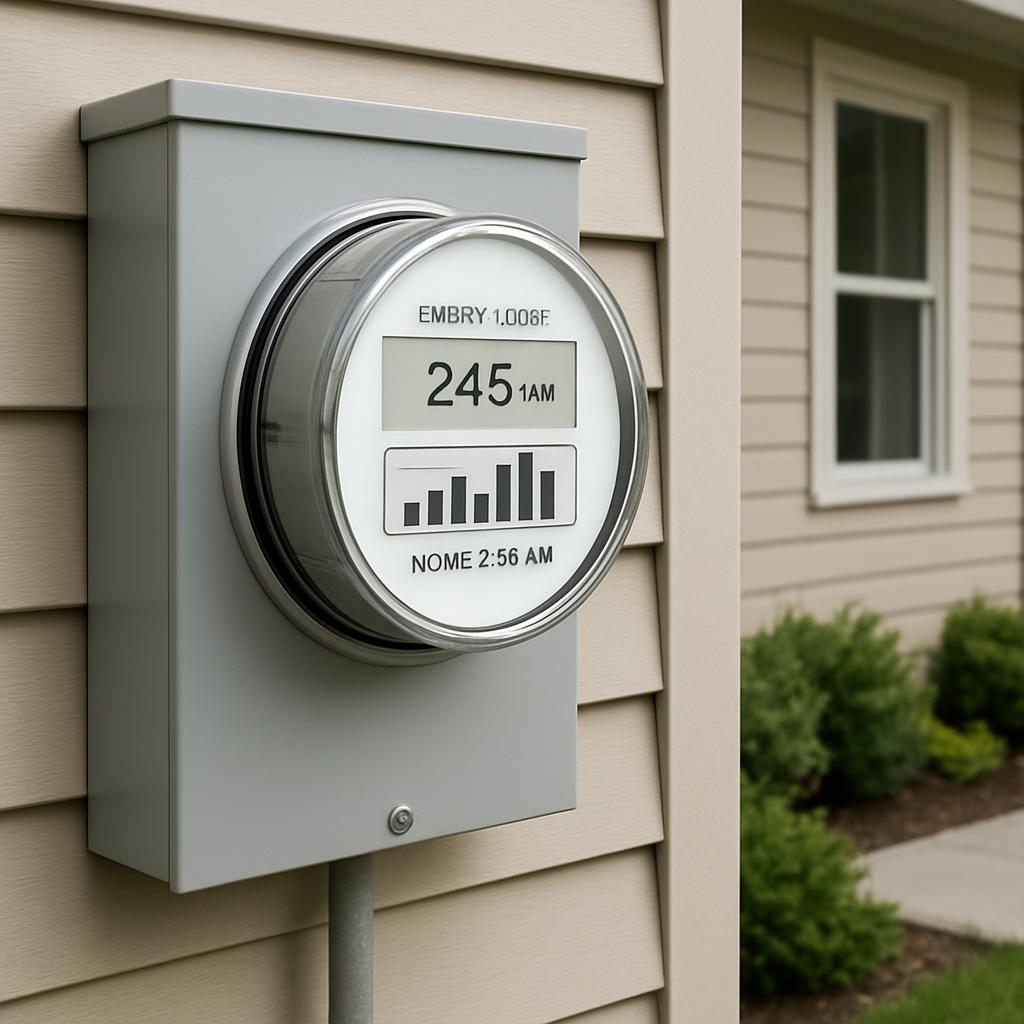 A modern smart energy monitor displayed on a beige siding exterior wall of a home.