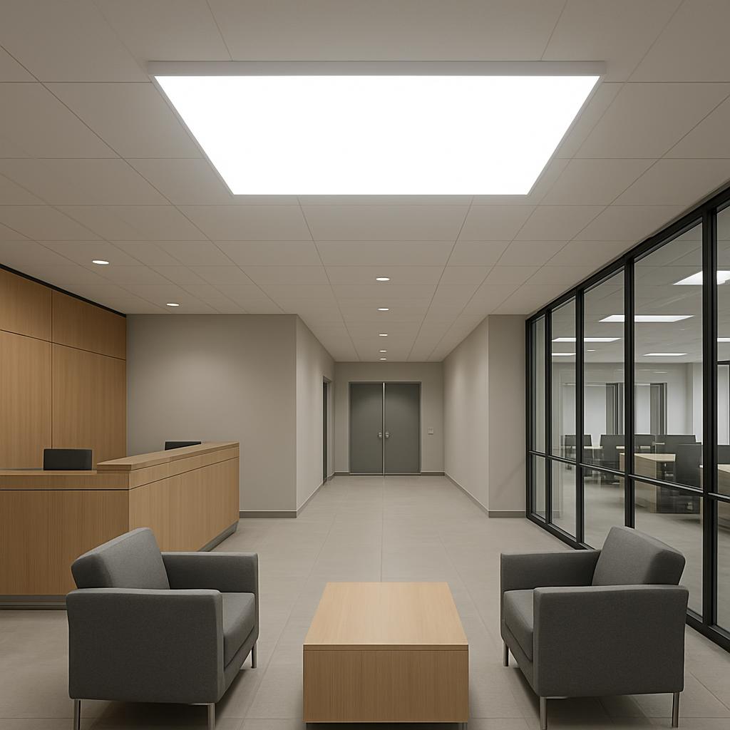 Office lobby with reception desk and two couches.